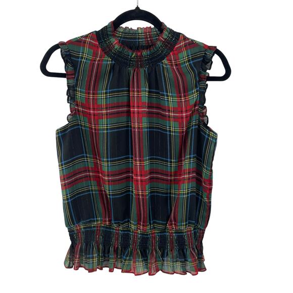 J. Crew Tops - J. Crew Tartan Plaid Mock Neck Ruffle Smocked Tank Top Womens 4